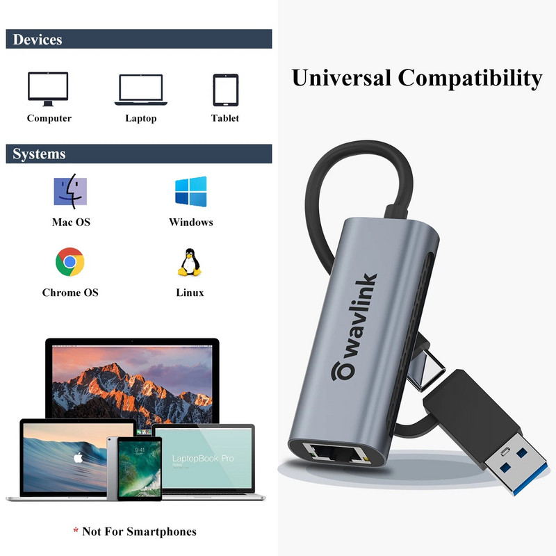 Wavlink 2500Mbps USB C 2.5G väline Ethernet Gigabit Adapter Type C ja võrgukaart RJ45 LAN 2.5Gbps USB 3.0 Converter Sülearvuti