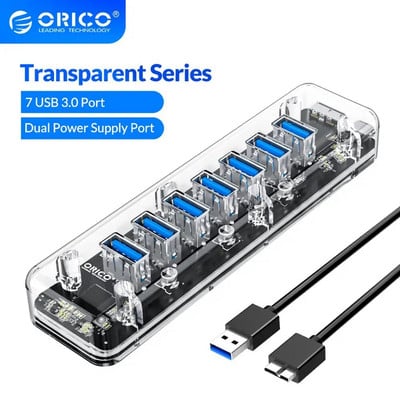 ORICO Transparent Series USB HUB Multi 4 7 prievadų didelės spartos USB3.0 skirstytuvas su mikro USB maitinimo prievadu nešiojamojo kompiuterio OTG adapteriui