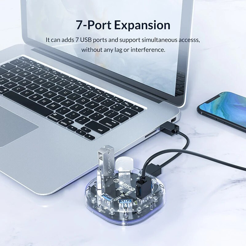 ORICO Transparent Series USB HUB Multi 4 7-pordiline kiire USB3.0 jaotur koos mikro-USB toitepordiga sülearvuti OTG-adapteri jaoks