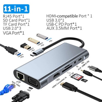 Διανομέας USB C Τύπος C σε Συμβατό με HDMI RJ45 11 θύρες βάση με PD TF SD AUX Usb Hub 3 0 Splitter για MacBook Air Pro PC HUB