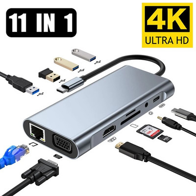 USB C хъб тип C към HDMI-съвместим RJ45 11 порта докинг станция с PD TF SD AUX Usb хъб 3 0 сплитер за MacBook Air Pro PC HUB