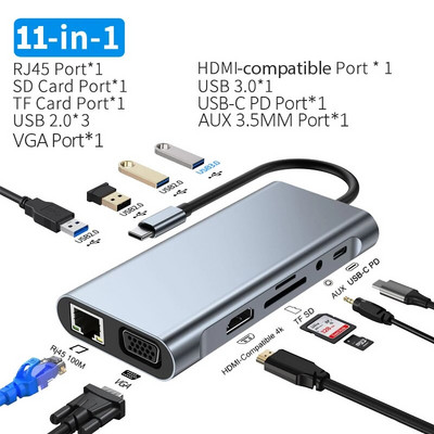 C-tüüpi USB C jaotur HDMI-ühilduva RJ45 11 pordiga dokk PD TF SD AUX USB-jaoturiga 3 0 jaotur MacBook Air Pro arvutijaoturi jaoks