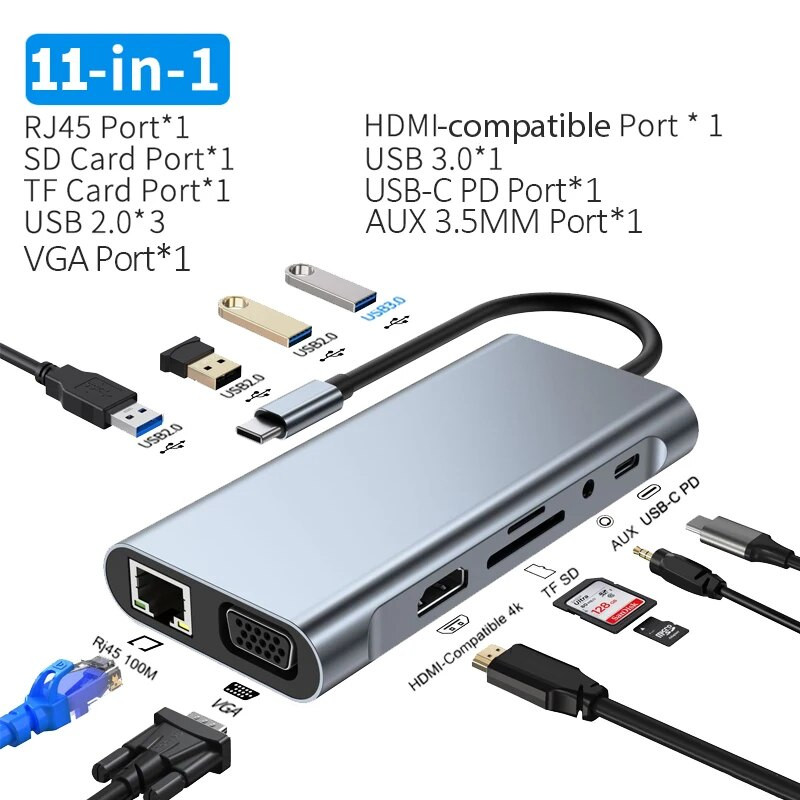 C-tüüpi USB C jaotur HDMI-ühilduva RJ45 11 pordiga dokk PD TF SD AUX USB-jaoturiga 3 0 jaotur MacBook Air Pro arvutijaoturi jaoks