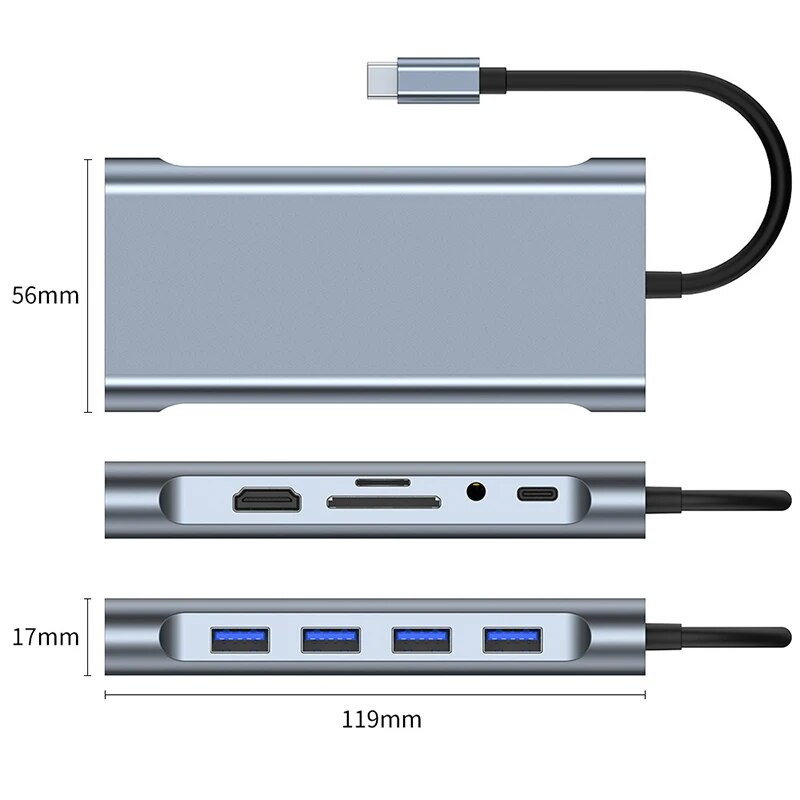 C-tüüpi USB C jaotur HDMI-ühilduva RJ45 11 pordiga dokk PD TF SD AUX USB-jaoturiga 3 0 jaotur MacBook Air Pro arvutijaoturi jaoks