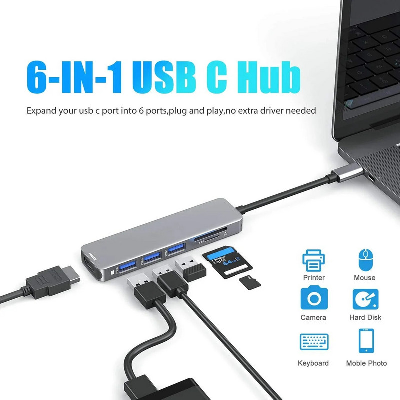 USB C centrmezgls Mac sargspraudņa adaptera C tipa dokstacijas USB-C uz HDMI SD/TF karšu lasītājs Thunderbolt 3 operētājsistēmai MacBook Pro Air 2020.–2017.