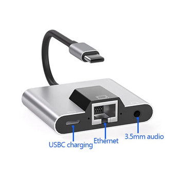 Тип-C към Ethernet LAN мрежов адаптер Хъб USB C до 3,5 мм аудио PD Докинг станция за бързо зареждане за лаптоп, мобилен телефон, таблет