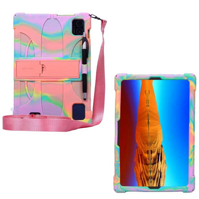 priekš Teclast M50 Pro planšetdatoru futrāļi salokāms statīvs Krāsains mīksts silikona aizsargājošs triecienizturīgs vāciņš ar siksnas irbuli pildspalvas rokturi