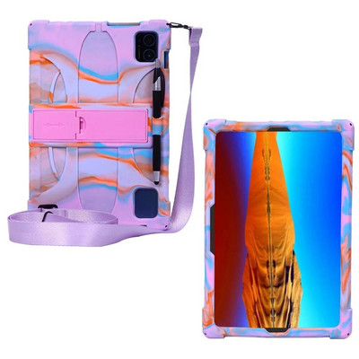 priekš Teclast M50 Pro planšetdatoru futrāļi salokāms statīvs Krāsains mīksts silikona aizsargājošs triecienizturīgs vāciņš ar siksnas irbuli pildspalvas rokturi