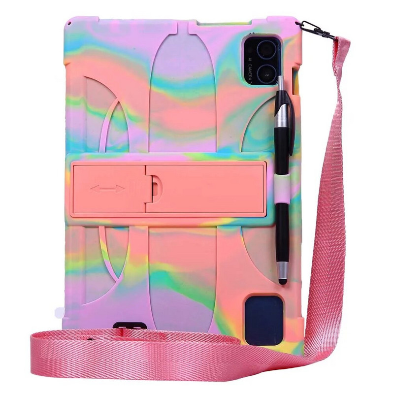 priekš Teclast M50 Pro planšetdatoru futrāļi salokāms statīvs Krāsains mīksts silikona aizsargājošs triecienizturīgs vāciņš ar siksnas irbuli pildspalvas rokturi