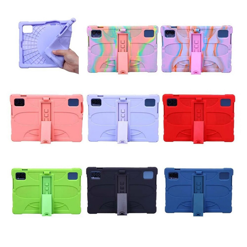 priekš Teclast M50 Pro planšetdatoru futrāļi salokāms statīvs Krāsains mīksts silikona aizsargājošs triecienizturīgs vāciņš ar siksnas irbuli pildspalvas rokturi