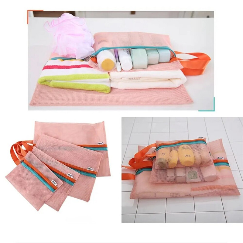 4 tk / komplekt võrgust tõmblukuga kott Mitmeotstarbeline reisivõrkkott kosmeetikatoodetele kontoritarbed, reisitarvikud