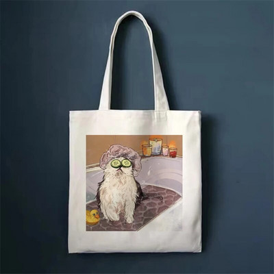 Τσάντες αγορών Cute Cat Τσάντες Shopper Τσάντες Tote Canvas Bag Harajuku Επαναχρησιμοποιήσιμη Μεγάλη χωρητικότητα Γυναικείες Casual Τσάντα ώμου Kawaii