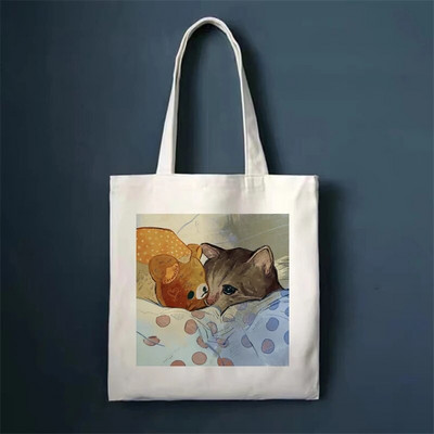 Τσάντες αγορών Cute Cat Τσάντες Shopper Τσάντες Tote Canvas Bag Harajuku Επαναχρησιμοποιήσιμη Μεγάλη χωρητικότητα Γυναικείες Casual Τσάντα ώμου Kawaii