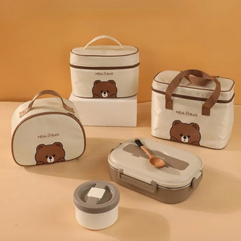 Чанти за обяд Кожено мече Детска торбичка Bento с голям капацитет за деца Термоизолиран охладител с посуда Кутия за пикник Чаша