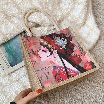 Geantă de mână în stil japonez pentru Crăciun, ocazional, geantă cadou din pânză, geantă pentru cumpărături, cu imprimeu flori, femei, fete, portabilă