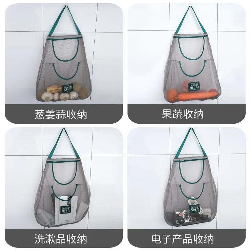 Võrgustik korduvkasutatav suure mahutavusega ostukotid käekotid hingavad tolmukindlad rippuvad köögi hoiukotid puu-köögiviljade korraldaja