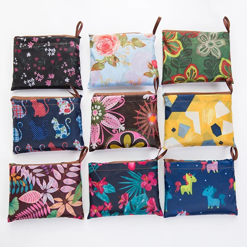 2022. gada jauns tote, salokāmas krāsas ECO atkārtoti lietojama poliestera pārnēsājama plecu rokassomiņa karikatūra zaļš saliekams maisiņš iepirkumu soma