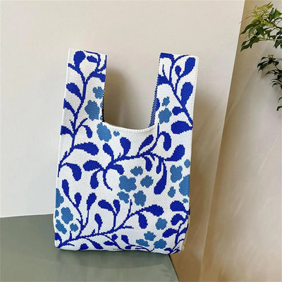 Modes svītru mezgla plaukstas soma ar rokām darināta trikotāžas veste rokassomiņa Pārnēsājama mini plecu soma Atkārtoti lietojami iepirkumu maisiņi Tālruņa atslēgu maisiņš