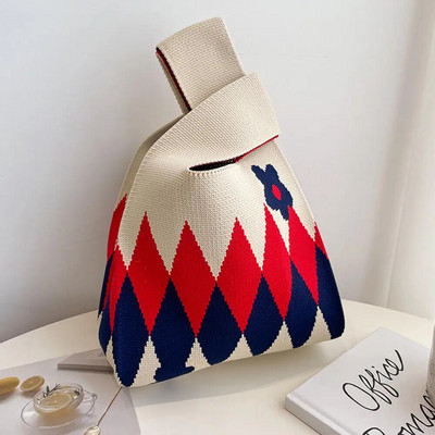 Modes svītru mezgla plaukstas soma ar rokām darināta trikotāžas veste rokassomiņa Pārnēsājama mini plecu soma Atkārtoti lietojami iepirkumu maisiņi Tālruņa atslēgu maisiņš