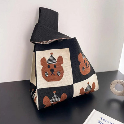 Modes svītru mezgla plaukstas soma ar rokām darināta trikotāžas veste rokassomiņa Pārnēsājama mini plecu soma Atkārtoti lietojami iepirkumu maisiņi Tālruņa atslēgu maisiņš