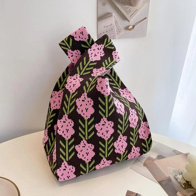 Modes svītru mezgla plaukstas soma ar rokām darināta trikotāžas veste rokassomiņa Pārnēsājama mini plecu soma Atkārtoti lietojami iepirkumu maisiņi Tālruņa atslēgu maisiņš