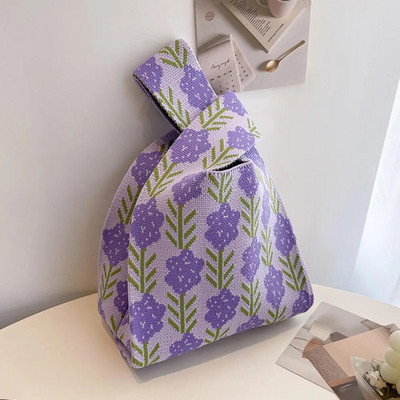 Modes svītru mezgla plaukstas soma ar rokām darināta trikotāžas veste rokassomiņa Pārnēsājama mini plecu soma Atkārtoti lietojami iepirkumu maisiņi Tālruņa atslēgu maisiņš