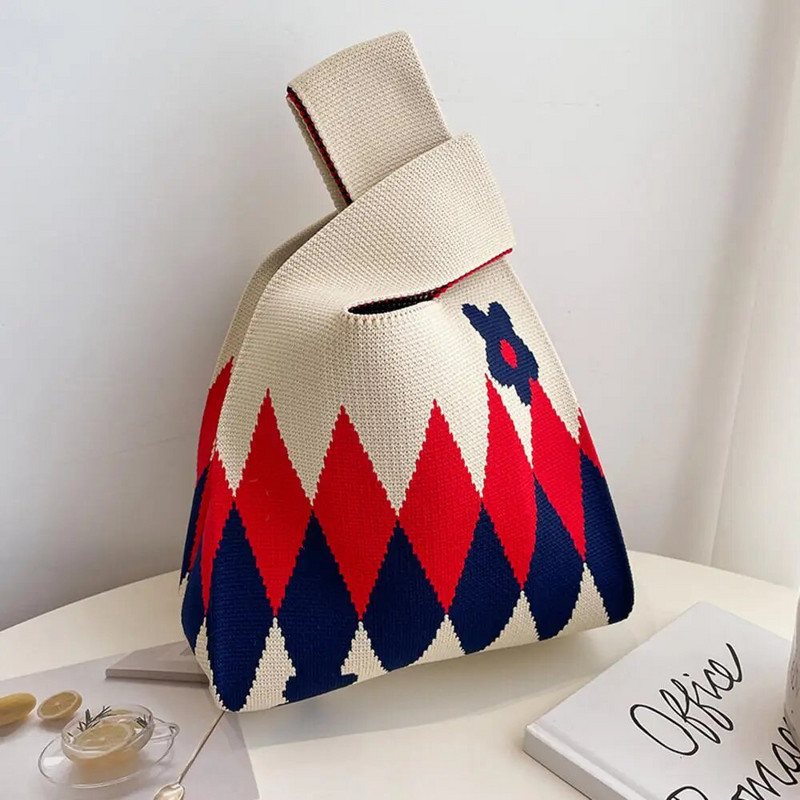 Modes svītru mezgla plaukstas soma ar rokām darināta trikotāžas veste rokassomiņa Pārnēsājama mini plecu soma Atkārtoti lietojami iepirkumu maisiņi Tālruņa atslēgu maisiņš