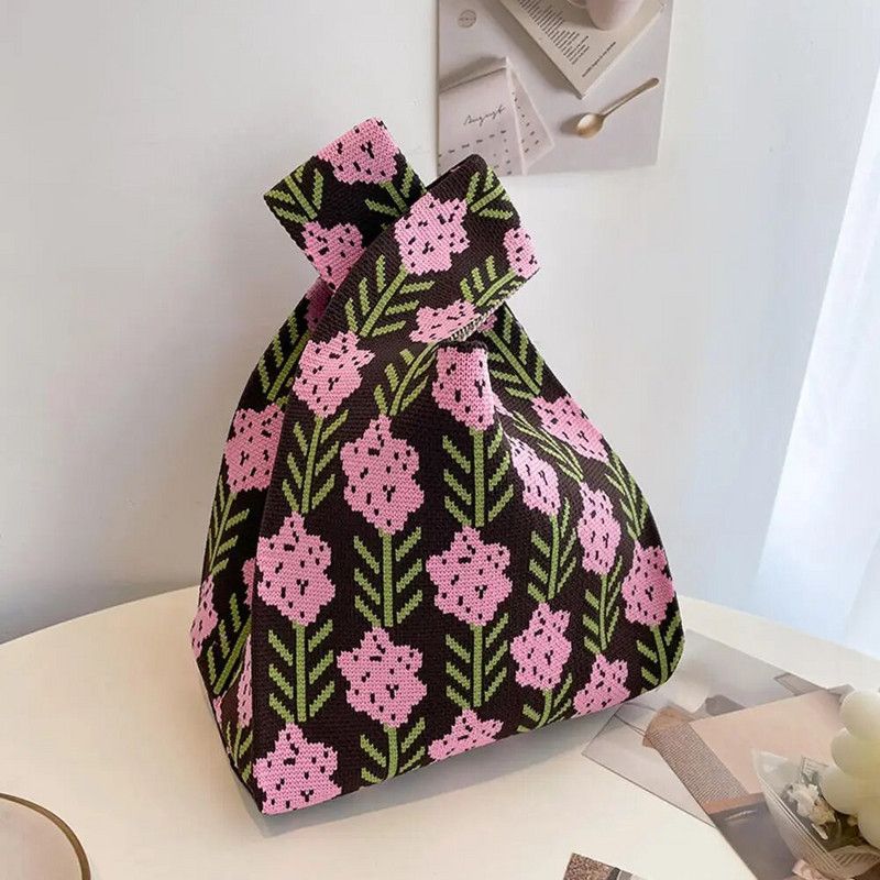 Modes svītru mezgla plaukstas soma ar rokām darināta trikotāžas veste rokassomiņa Pārnēsājama mini plecu soma Atkārtoti lietojami iepirkumu maisiņi Tālruņa atslēgu maisiņš