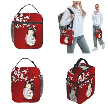 Kokeshi Doll Red Black White Cherry Blossoms Изолирана чанта за обяд Japanese Girl Art Кутия за храна Охладител Термична кутия за обяд Училище