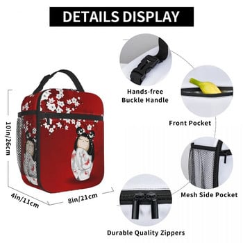 Κούκλα Kokeshi Red Black White Blossoms Cherry Insolated Lunch Bag Japanese Girl Art Food Box Cooler Thermal Lunch Box Σχολείο