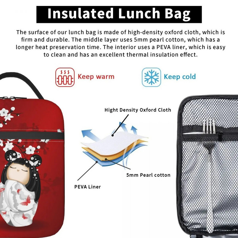 Kokeshi lelle sarkana melna balta ķiršu ziedi izolēta pusdienu soma japāņu meitenes mākslas pārtikas kastes dzesētāja termiskā pusdienu kastes skola