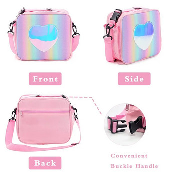 Чанта за обяд Rainbow Loving Heart Laser Portable Large Bento Pouch for Children Girl Термоизолиран охладител Кутия за пикник през рамо