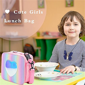 Чанта за обяд Rainbow Loving Heart Laser Portable Large Bento Pouch for Children Girl Термоизолиран охладител Кутия за пикник през рамо