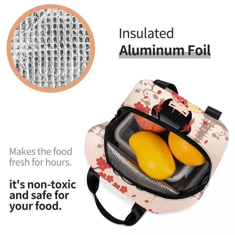 Ιαπωνική κούκλα Keiko Kokeshi Merch μονωμένη τσάντα μεσημεριανού γεύματος Χαριτωμένο σχέδιο κιμονό κούκλες γκέισα για κορίτσια Cooler Thermal Bento Box Κουτιά γεύματος