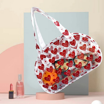 Преносима прозрачна чанта за гримове Водоустойчиви чанти тип полумесец с цип, козметична торбичка със сърце, подарък за жени за Свети Валентин