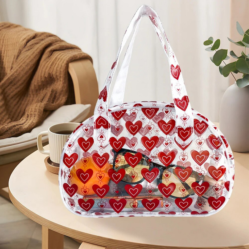 Pārnēsājamas caurspīdīgas kosmētikas somas, ūdensizturīgas pusmēness rokassomas ar rāvējslēdzēju, sirdsdarbības kosmētikas maciņu, Valentīna dienas dāvanai