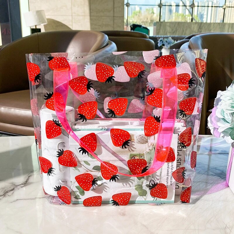 Caurspīdīga soma sievietēm Caurspīdīga plecu soma darbam augļu apdrukas rokassomiņa Liela ietilpība iepirkšanās veikšanai