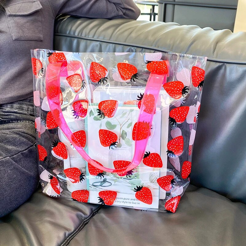 Caurspīdīga soma sievietēm Caurspīdīga plecu soma darbam augļu apdrukas rokassomiņa Liela ietilpība iepirkšanās veikšanai