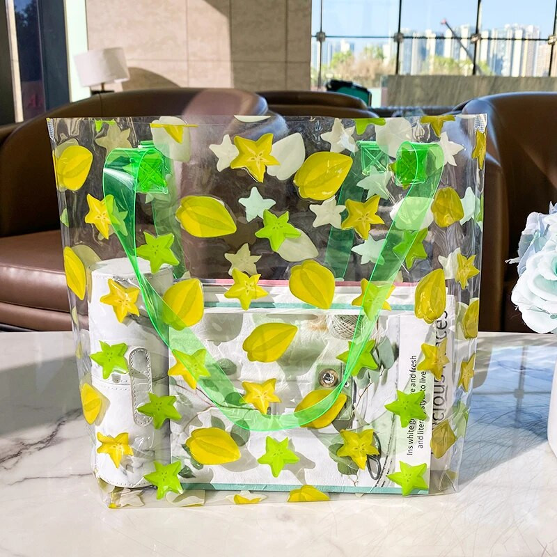 Caurspīdīga soma sievietēm Caurspīdīga plecu soma darbam augļu apdrukas rokassomiņa Liela ietilpība iepirkšanās veikšanai