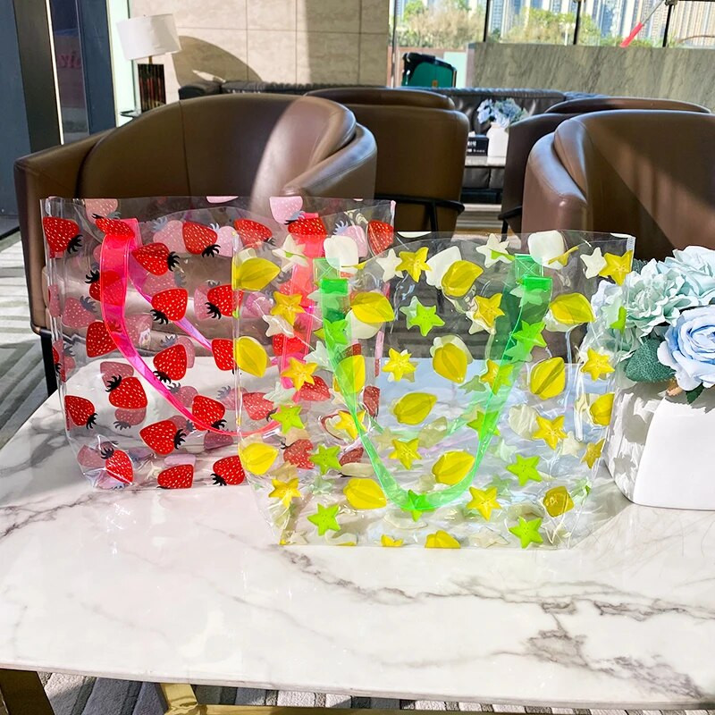 Caurspīdīga soma sievietēm Caurspīdīga plecu soma darbam augļu apdrukas rokassomiņa Liela ietilpība iepirkšanās veikšanai