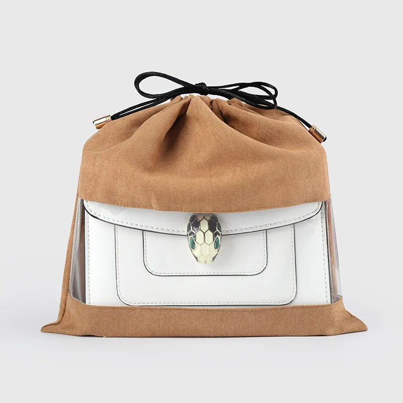 Rokassomu zamšādas putekļu pārklājuma auduma aukliņu somas ar PE plēvi, caurspīdīgu logu, sieviešu luksusa naudas maka aizsargs