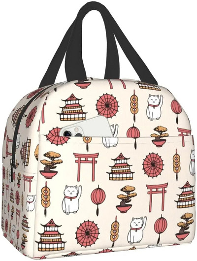 Kaķu pusdienu soma, jauks bērnu atkārtoti lietojams dzesētājs pusdienu soma, izolēts, necaurlaidīgs pusdienu kastes konteiners ar priekšējo kabatu meitenēm, zēniem