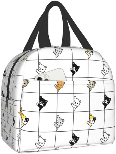 Kaķu pusdienu soma, jauks bērnu atkārtoti lietojams dzesētājs pusdienu soma, izolēts, necaurlaidīgs pusdienu kastes konteiners ar priekšējo kabatu meitenēm, zēniem