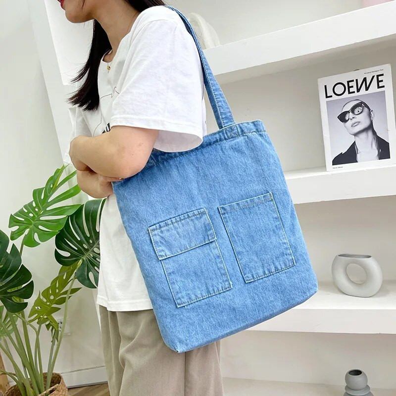 2023. gada lielas ietilpības sieviešu plecu somas Savvaļas gadījuma rokassoma Ielu audekla džinsa plecu soma vienkrāsaina iepirkumu soma ar rāvējslēdzēju