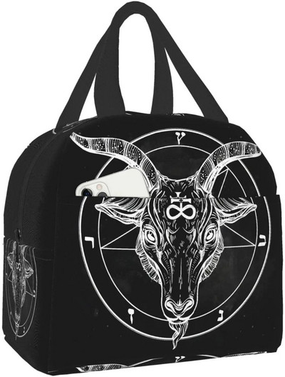 Pentagrammas vāks ar dēmonu Baphomet, sātaniskās kazas galvas bināro simbolu, pārnēsājams izolēts pusdienu maiss pusdienu kaste sievietēm vīriešiem zēns