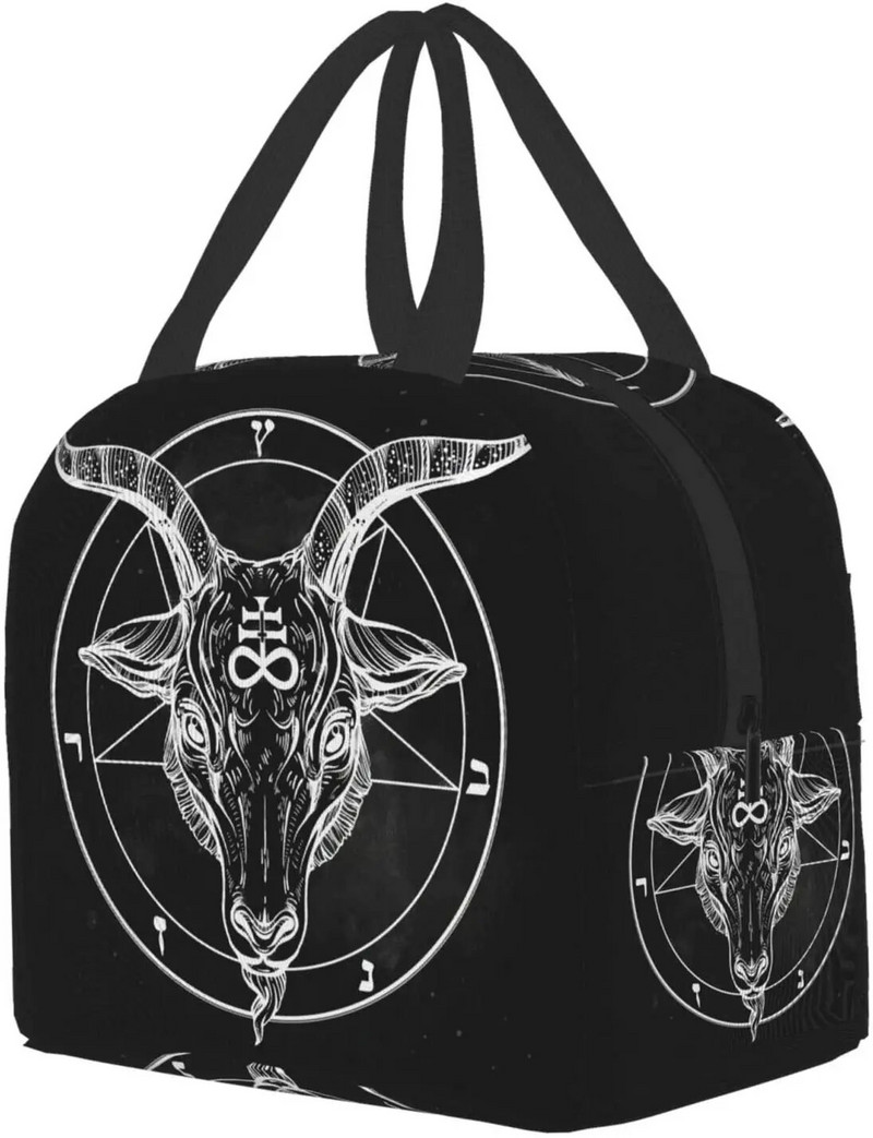 Pentagrammas vāks ar dēmonu Baphomet, sātaniskās kazas galvas bināro simbolu, pārnēsājams izolēts pusdienu maiss pusdienu kaste sievietēm vīriešiem zēns