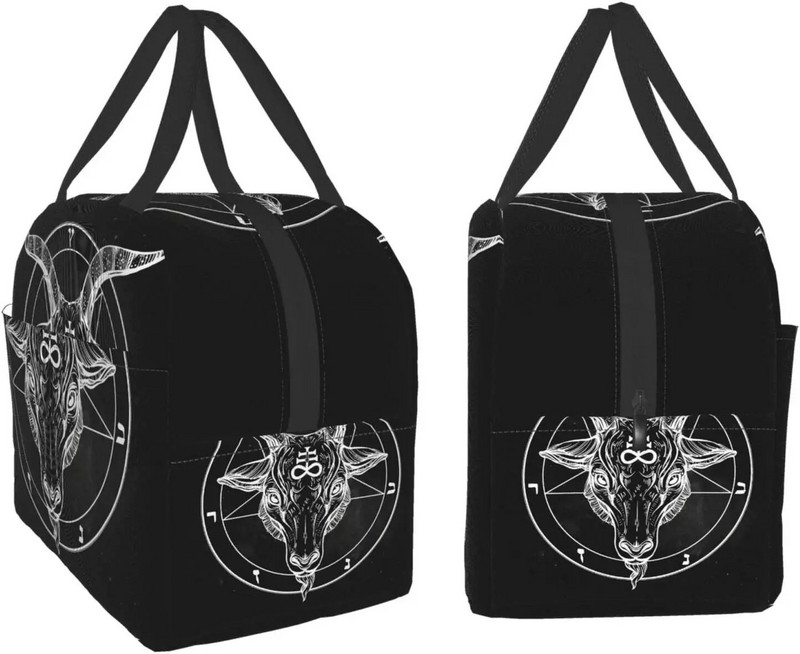 Pentagrammas vāks ar dēmonu Baphomet, sātaniskās kazas galvas bināro simbolu, pārnēsājams izolēts pusdienu maiss pusdienu kaste sievietēm vīriešiem zēns