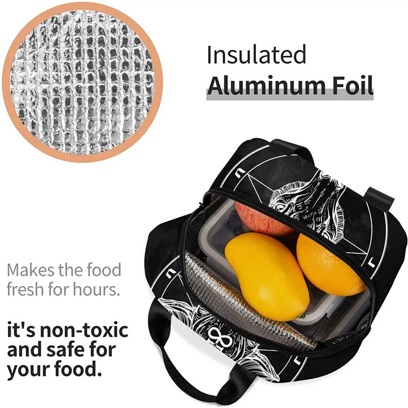 Pentagrammas vāks ar dēmonu Baphomet, sātaniskās kazas galvas bināro simbolu, pārnēsājams izolēts pusdienu maiss pusdienu kaste sievietēm vīriešiem zēns