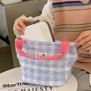 Карирана чанта за обяд Дамска топлинна кутия за обяд с шнур с голям капацитет Тоте чанти за храна Офис служител Преносима изолирана чанта за съхранение на храна