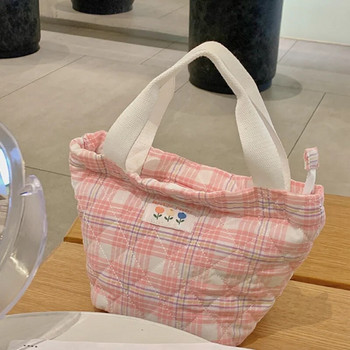 Карирана чанта за обяд Дамска топлинна кутия за обяд с шнур с голям капацитет Тоте чанти за храна Офис служител Преносима изолирана чанта за съхранение на храна